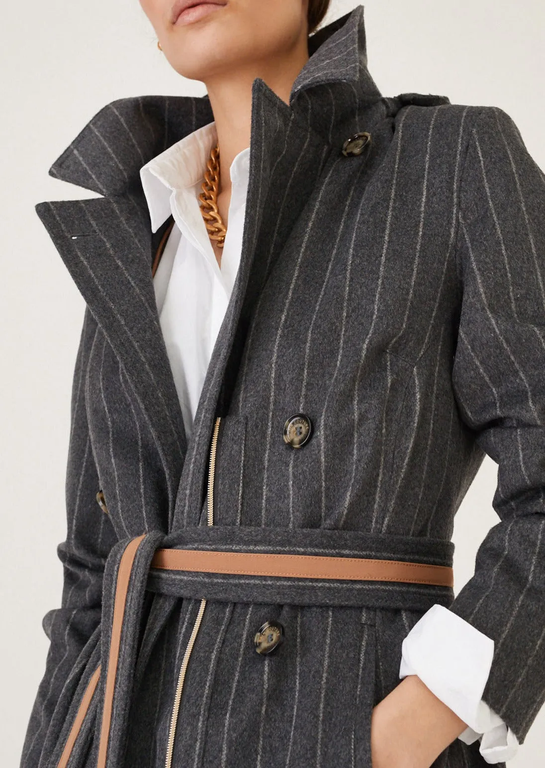 Maxi double breasted wrapcoat - Grey Wool Stripe